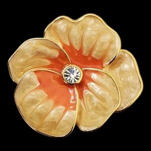 Joan Rivers Enamel Floral Brooch with Crystal Center - Coral and Cream